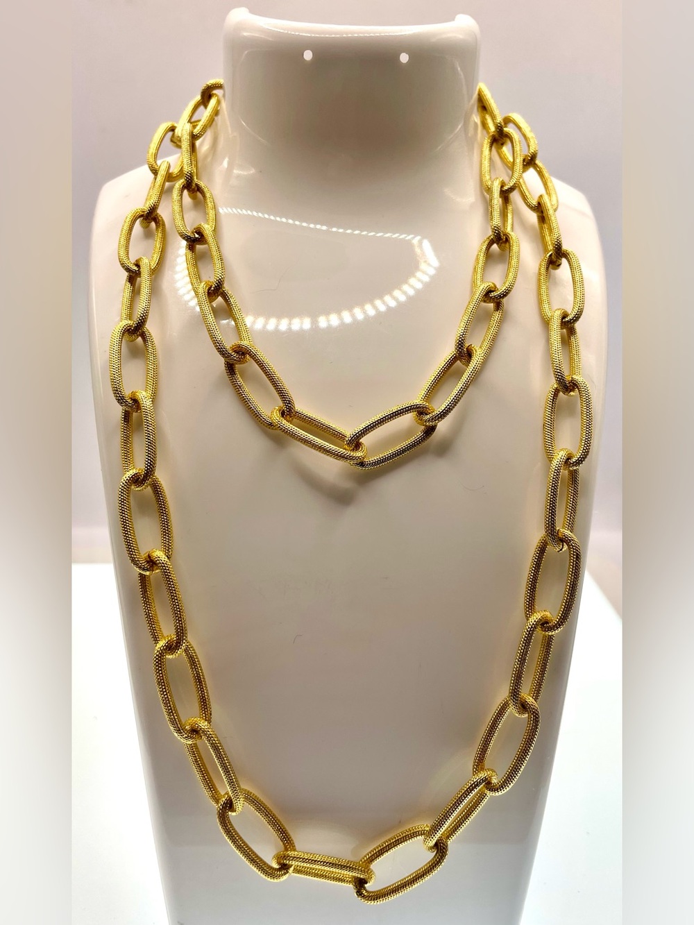 Boutique Textured Gold Tone Paperclip Link Statement Necklace Susan Shaw 32”